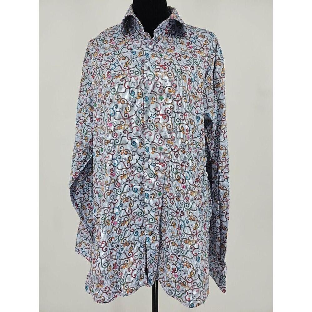 Luchiano Visconti Black‎ Men's Shirt Large Blue Scroll Print Cotton
